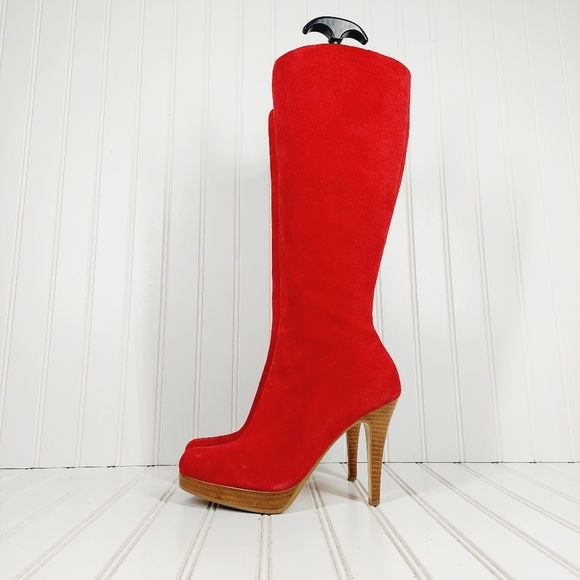 Bakers Shoes Barkers Lexi Red Suede Knee High Platform High Heeled